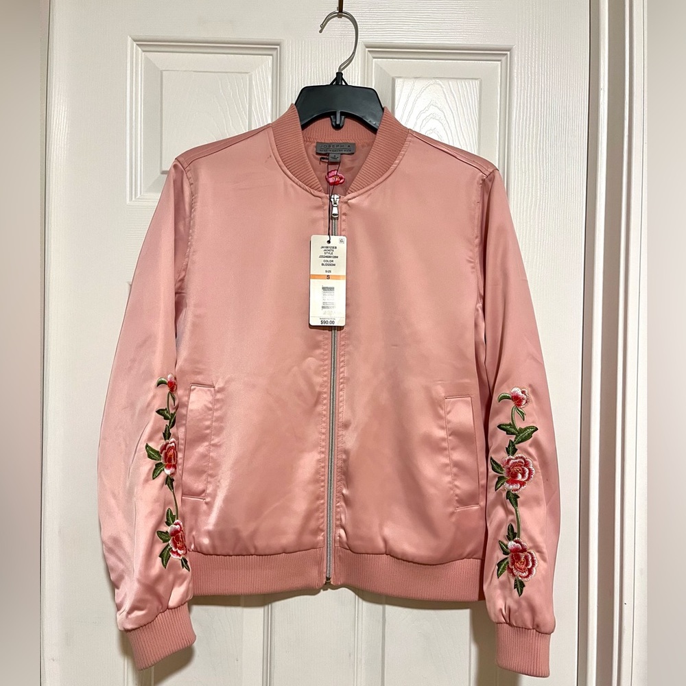 Joseph A. Pink Satin Embroidered Rose Bomber Jacket